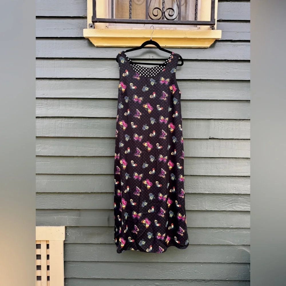 90s Vintage Cynthia Taylor Black & White Polka Dot Buttefly Slip Dress Sz 1X - Picture 2 of 8
